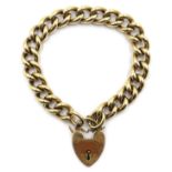 9ct gold curb chain bracelet with heart lock, hallmarked, approx 61.