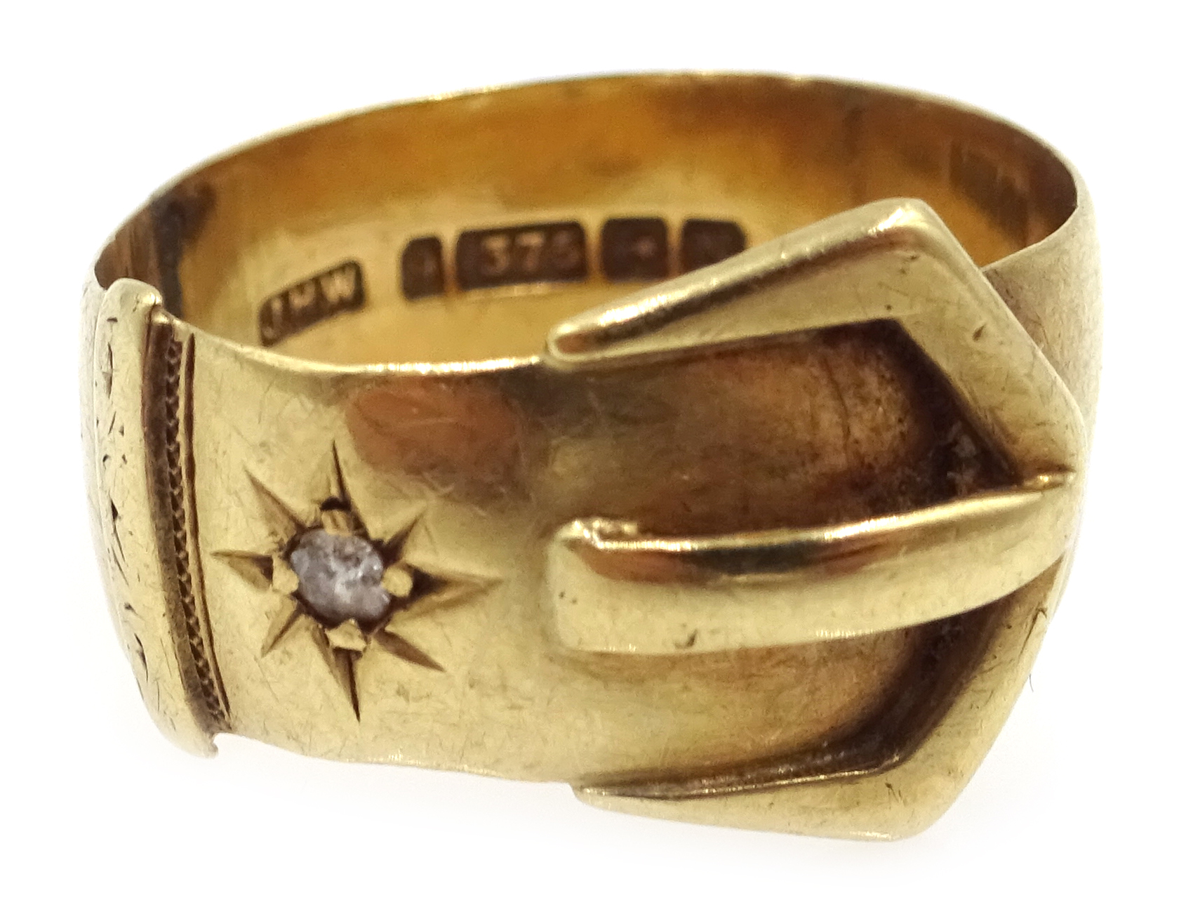 9ct gold buckle ring set with a diamond, Birmingham 1937 and a gold mounted cameo brooch, - Image 3 of 3