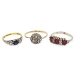 18ct gold three stone sapphire and diamond ring, hallmarked, gold and silver cluster ring,