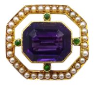Edwardian gold amethyst, peridot and seed pearl Suffragette colour brooch,