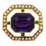 Edwardian gold amethyst, peridot and seed pearl Suffragette colour brooch,