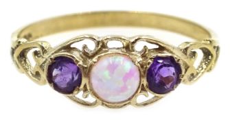 Gold three stone amethyst and opal ring,
