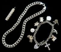 Silver flattened curb link chain necklace, charm bracelet and ingot pendant,