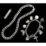 Silver flattened curb link chain necklace, charm bracelet and ingot pendant,