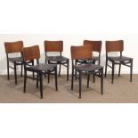 Set six 1950s vintage dining chairs, black lacquered frames with curved teak backs,