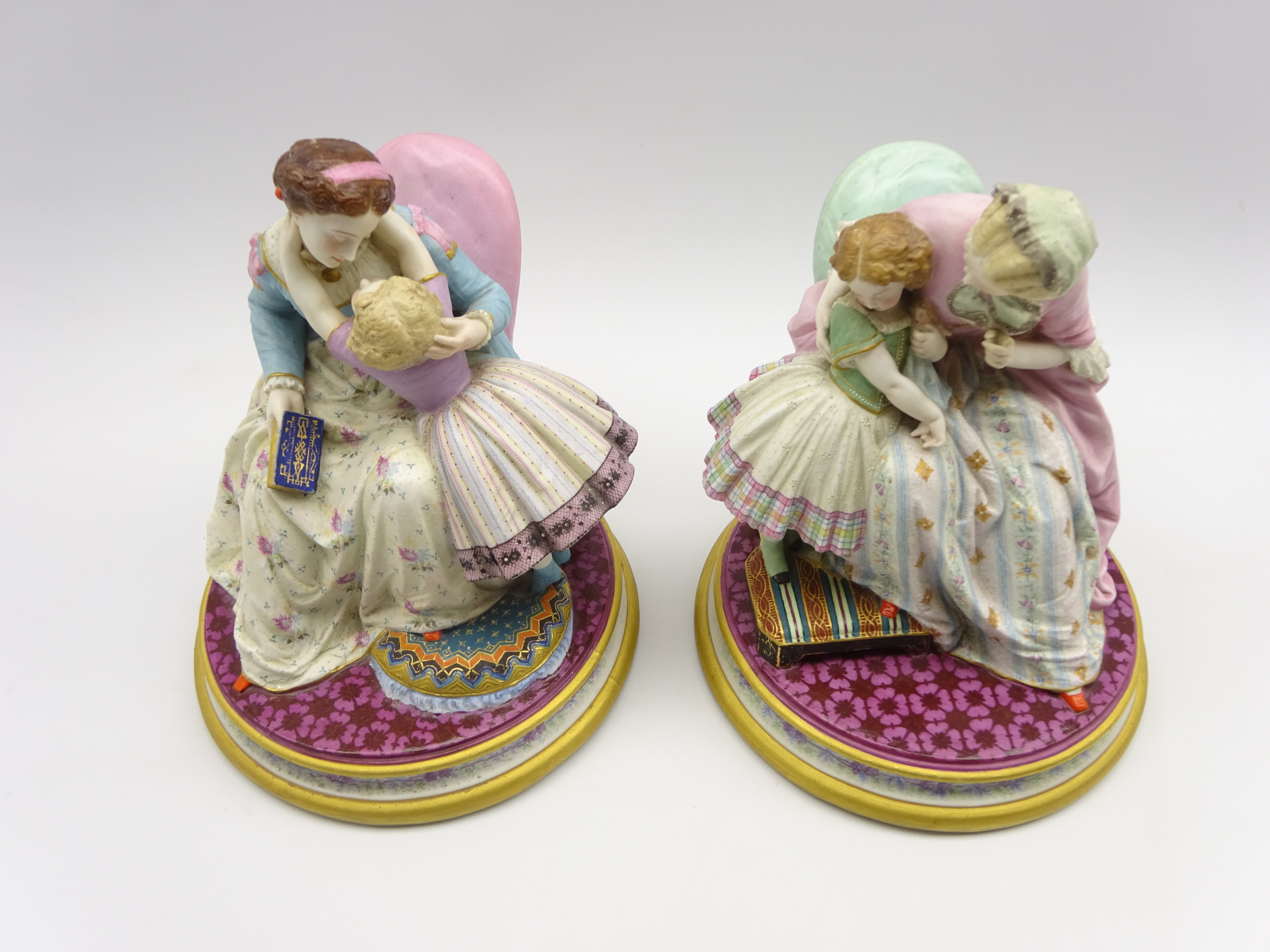 Pair of mid 19th Century Jean Gille Paris bisque porcelain figures of a mother and child on gilt - Image 2 of 2