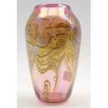 American studio glass vase by Mark Chapman with lustre design on a pink ground H20cm