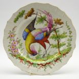 19th century Chelsea style plate painted with a bird within a moulded border and with gold anchor