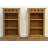 Pair traditional waxed pine open bookcases, W55cm, H91cm,