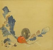 Japanese woodblock print of a rat and radish after Tsukioka Kogyo 22cm x 24cm and another of a rat