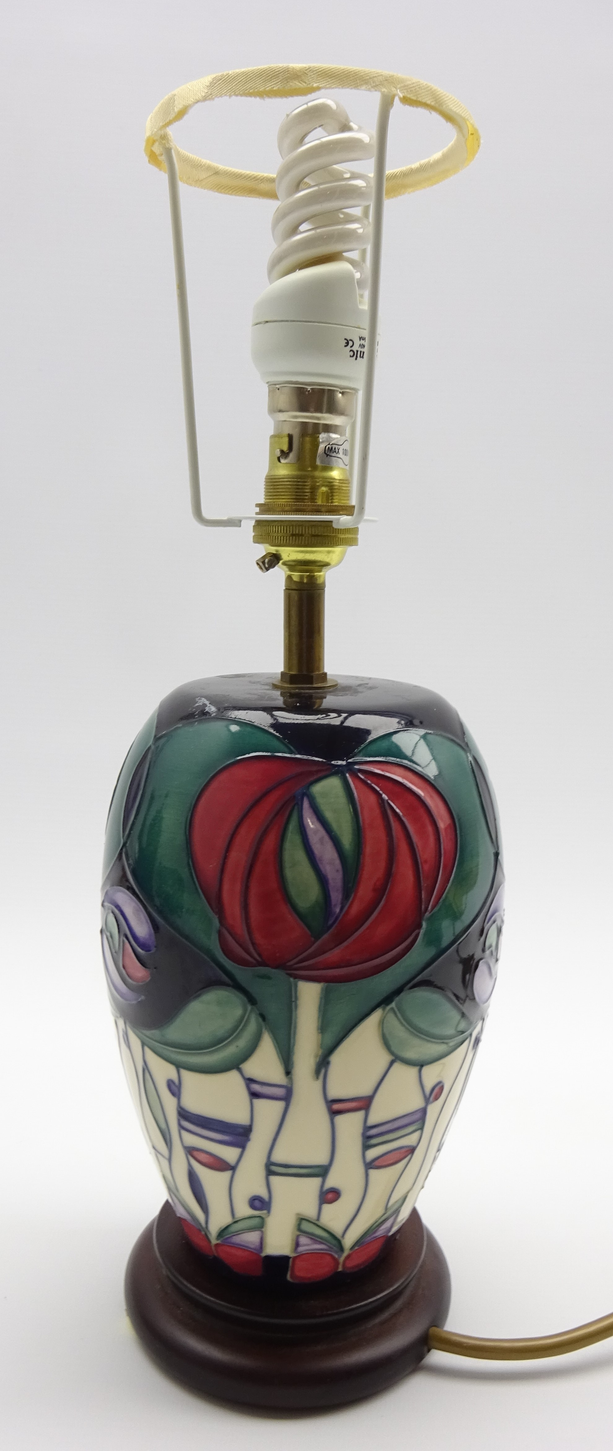 Moorcroft baluster table lamp in the Tribute to Charles Rennie Mackintosh pattern on a wooden stand