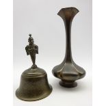 Japanese bronze vase of fluted design with signature to base H31cm and an Indian temple bell H21cm