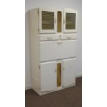 1950s retro kitchen cabinet, raised glazed cupboard above fall front, double cupboard below, W102cm,