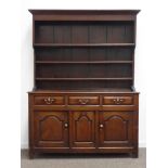 George II oak Welsh dresser, boarded rack with three shelves,