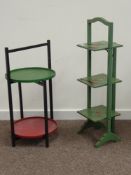 1930s/40s two tier cake stand with red and green finished removable trays on folding ebonised stand