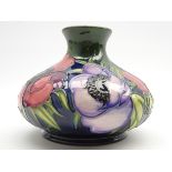 Moorcroft squat circular vase decorated in the 'Anemone Tribute' pattern by Emma Bossons H10cm