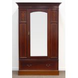 Edwardian inlaid mahogany wardrobe, projecting cornice with checkered inlay,