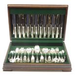 Suite of plated rat tail cutlery for 12 covers by George Butler 124 pieces in a mahogany box