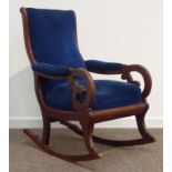 Victorian mahogany rocking chair, upholstered in blue corduroy fabric,