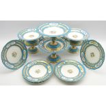 Coalport design dessert service painted with sprays of flowers within a blue and gilt border with