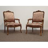Pair French style beech salon armchairs, cresting rails carved with shell and foliate,
