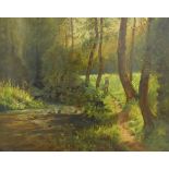 English School (20th century): Figure Walking by a Stream,