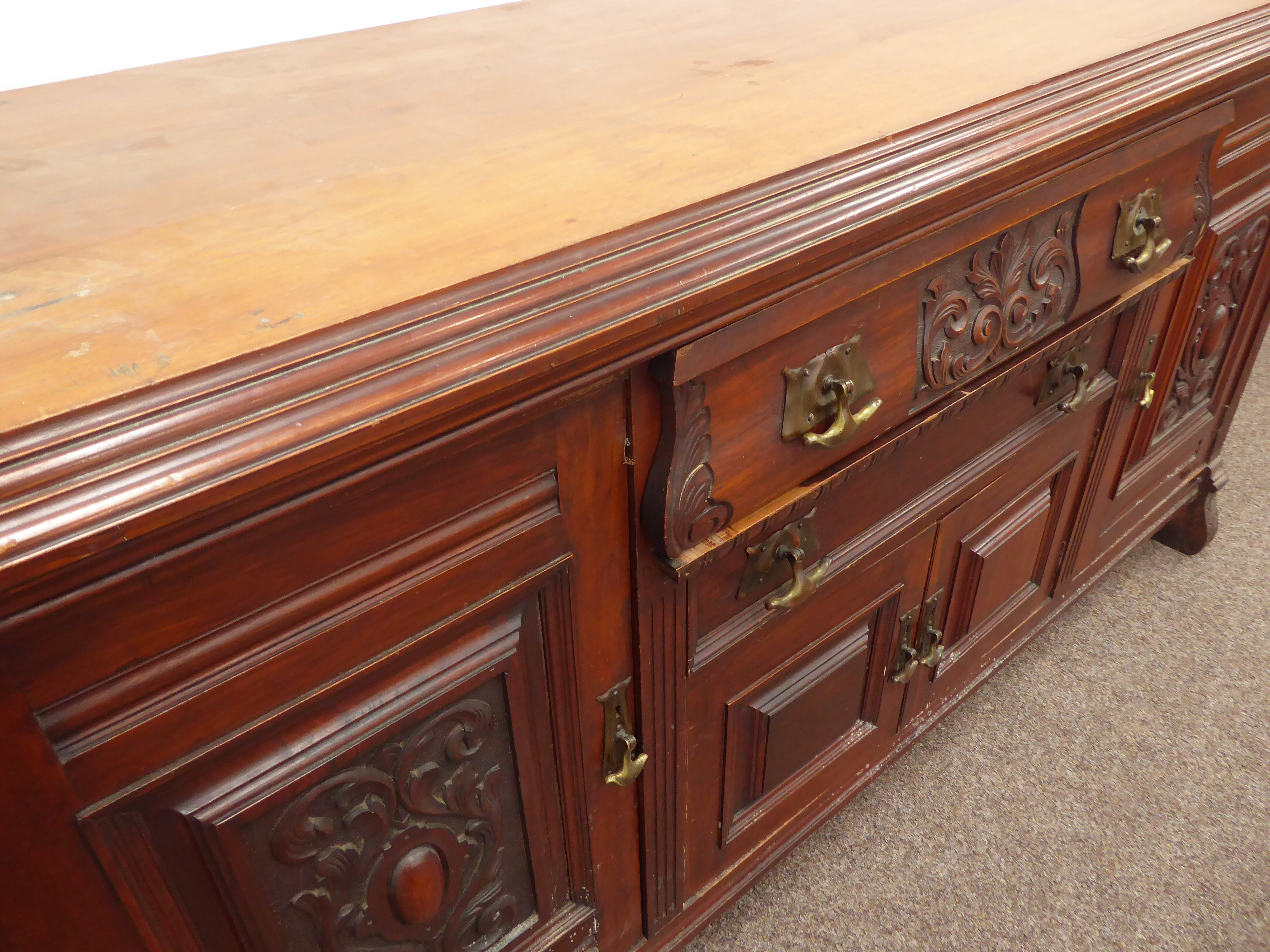Late Victorian walnut sideboard, moulded rectangular top, two long drawers over double cupboard, - Image 3 of 3