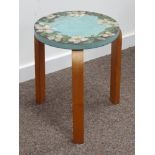 Alvar Aalto for Finmar - 1930s bent plywood stool with floral painted circular top,