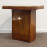 Art Deco walnut centre table, canted top with chamfered edge and matched quarter veneers,