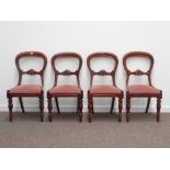 Set four Victorian mahogany balloon back dining chairs, carved centre rails,