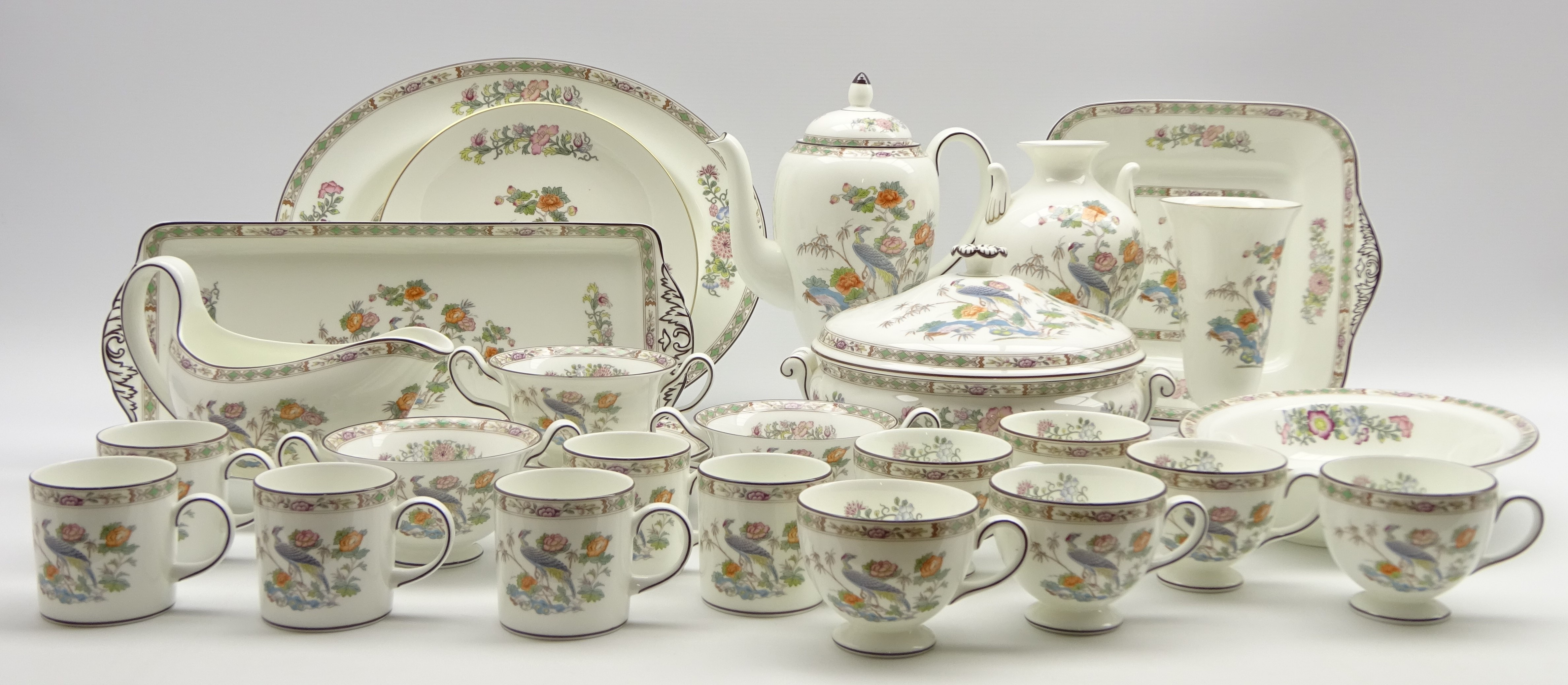 Extensive Wedgwood Kutani Crane table service including Teapot, coffee pot, cream jug, sugar bowl,