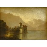 Continental School (19th century): Chillon Castle, Lake Geneva, oil on board unsigned, 14cm x 19cm,