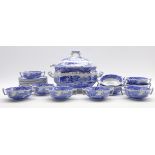 Spode Italian pattern blue and white soup tureen with cover and ladle and 12 two handled soup bowls