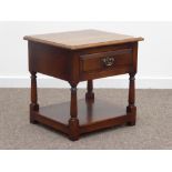 Medium oak lamp table, moulded top over single drawer, turned supports joined by undertier,