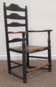 18th century elm and ash country ladder back elbow chair, stained and painted frame,