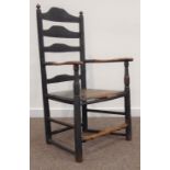 18th century elm and ash country ladder back elbow chair, stained and painted frame,