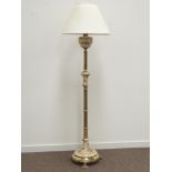 Late 20th century brass column and ceramic standard lamp, textured and floral painted,