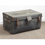 Early 20th century leather car trunk, hinged lid enclosing lined interior with removable tray,