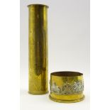 Trench art shell case inscribed 'Ypres Souvenir 1914-1915' H34cm and another with applied military