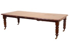 Large Victorian style mahogany dining table, rectangular moulded extending top with rounded corners,