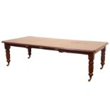 Large Victorian style mahogany dining table, rectangular moulded extending top with rounded corners,