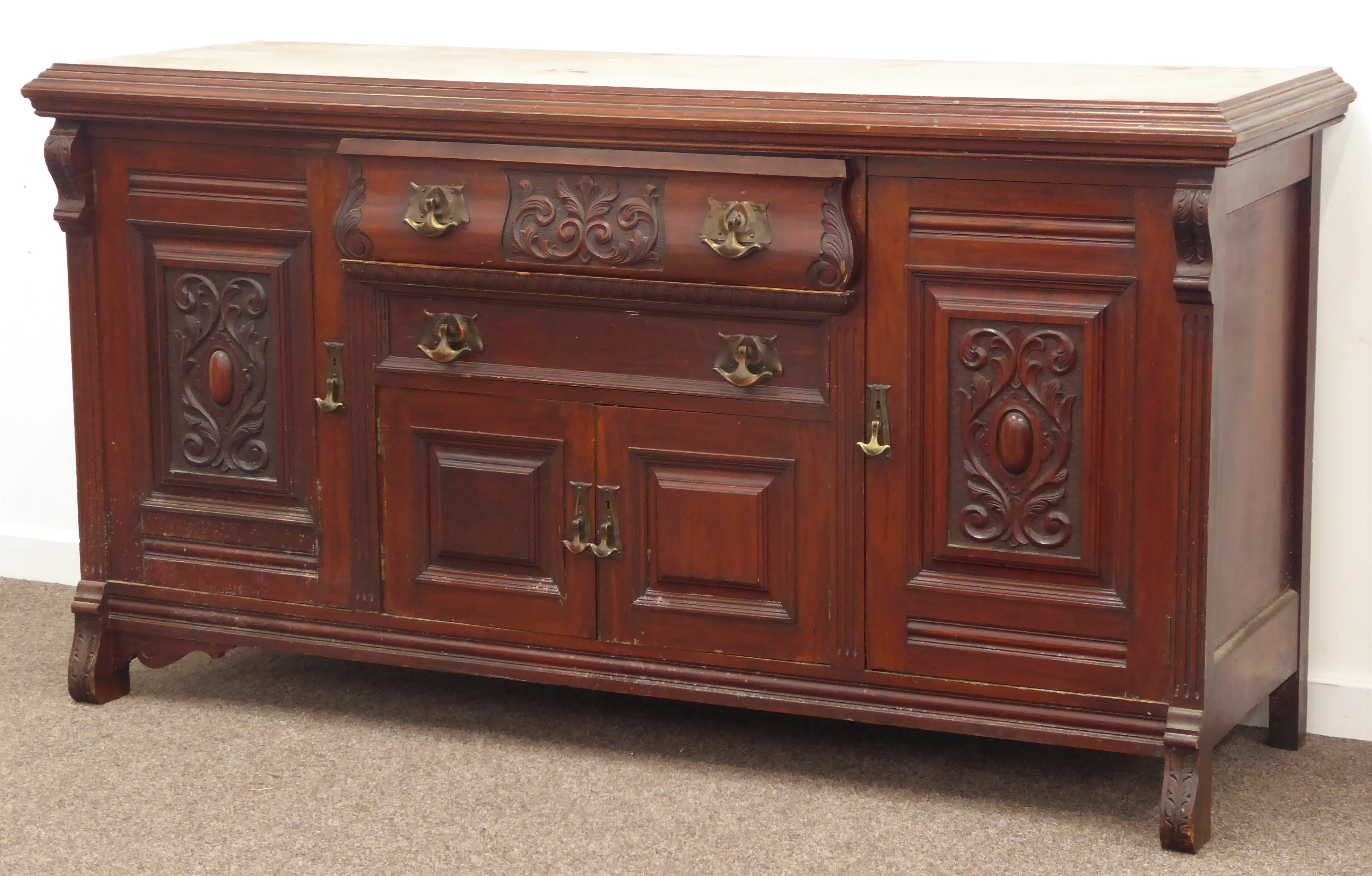 Late Victorian walnut sideboard, moulded rectangular top, two long drawers over double cupboard,