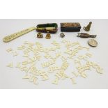 Collection of miniature alphabet letters, Prisoner of War bone knife case, snuff box,