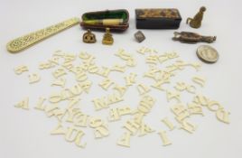 Collection of miniature alphabet letters, Prisoner of War bone knife case, snuff box,