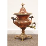 Victorian copper tea urn with turned wood handles and bun feet H50cm
