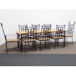 Large contemporary dining table, rectangular light oak top on wrought iron base (211cm x 90cm,