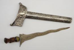 Malayan Kris with engraved and silvered metal scabbard,