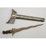 Malayan Kris with engraved and silvered metal scabbard,