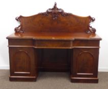 Victorian mahogany twin pedestal sideboard, shaped raised back with acanthus scroll carved mounts,
