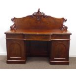 Victorian mahogany twin pedestal sideboard, shaped raised back with acanthus scroll carved mounts,